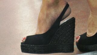 Candid old, stunning feet in slingblack wedges heels