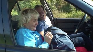 hitchhiking hot blonde granny picked up and doggy-fucked roadside