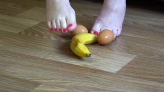 Thick Legs Unprotected Feet Mercilessly Trampled Banana and Unprotected Eggs. Crush Bizarre.