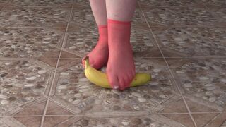 Chunky Legs in Socks Ruthlessly Trample Banana. Crush Bizarre, Foot Bizarre.