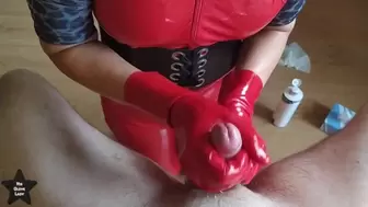 Tripple Ruined Nuru Hand-Job Cumming from Red Latex Gloved Mistress