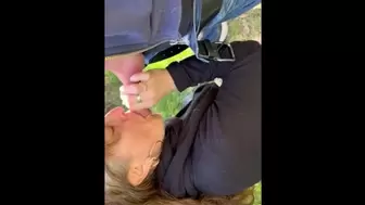MILF gives outside oral sex, and takes spunk in mouth