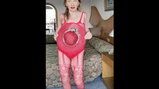 Attractive busty milf MariaOld dance without bra in red bodystockings