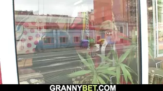 Hungry big tits grandma swallows his cock before riding