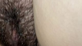 Rubing cock fat hairy pussy