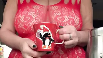 Filthy Big Tit Mature can't Resist Playing with her Pussy and Huge Tits while Making Coffee.