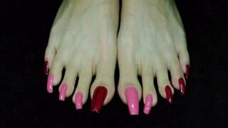 Feetgoddess99 No.328 Natural LONG Toenails Painted in Red & Pink Modeling Pairs of Thong Sandals